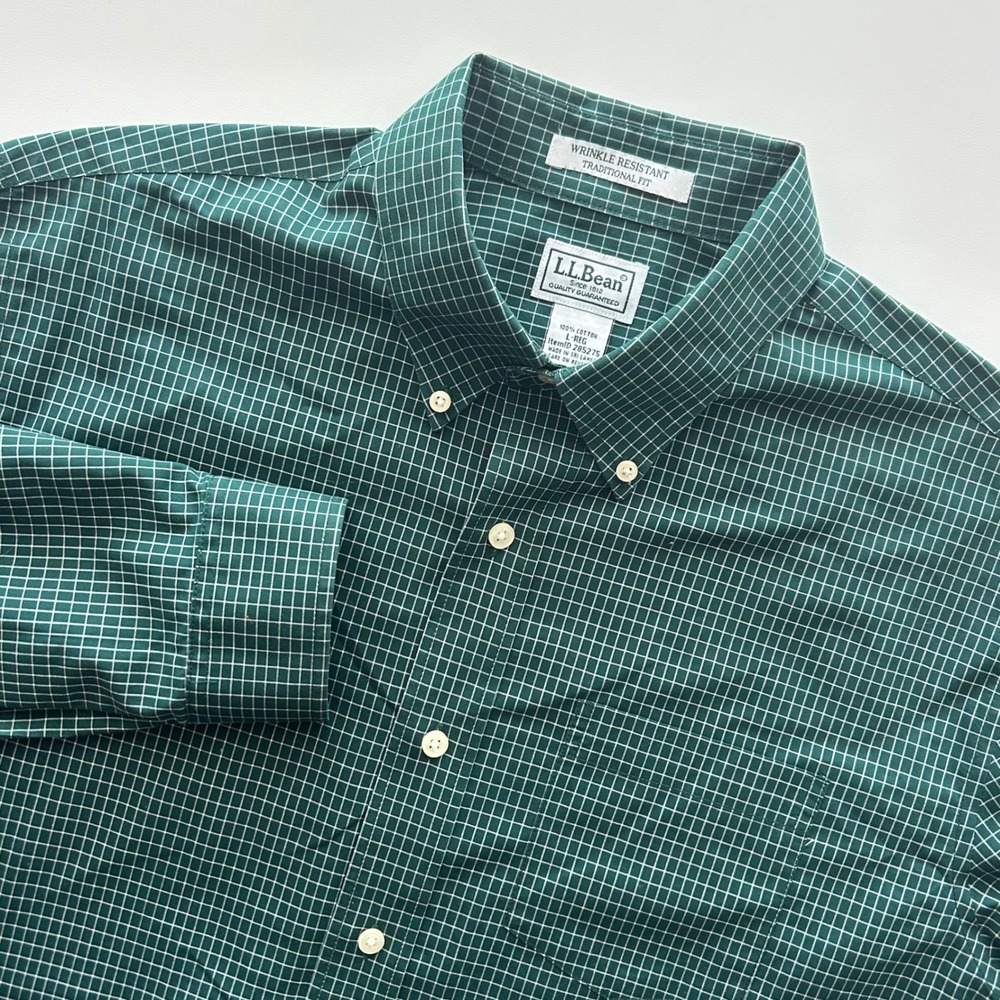 LL Bean Mens Green Micro Check Wrinkle Resistant Shirt Traditional Fit Large Reg